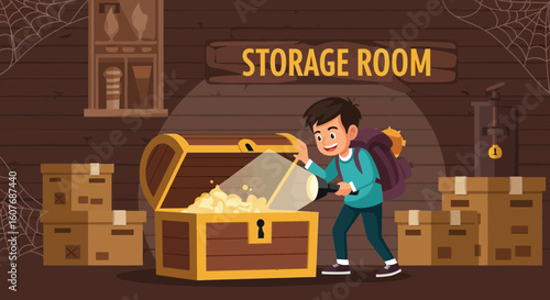 Boy Finds Golden Treasure Chest in The Dusty Storage Room Concept