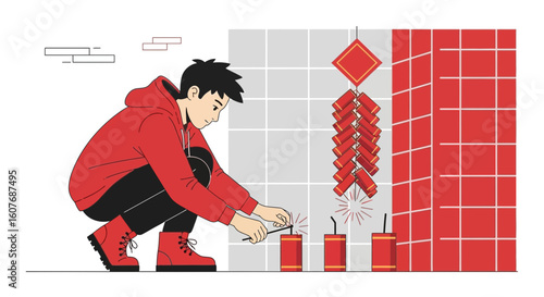 Celebrating Lunar New Year Lighting Festive Firecrackers with Joyful Anticipation