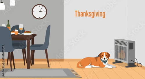 Cozy Thanksgiving Dinner Setting With Relaxing Dog And Radiating Warmth