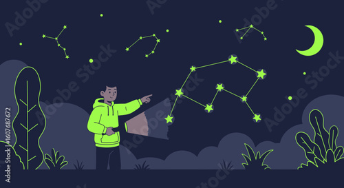 Boy Guides With Flashlight In Starry Night Searching For Constellations