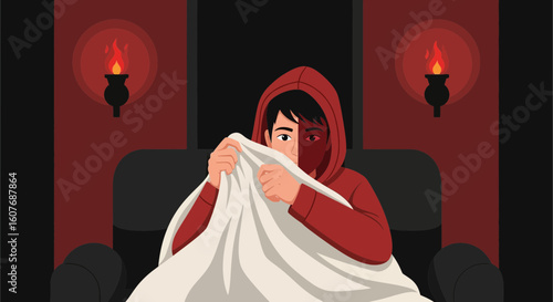 Boy Hiding Under A Sheet Afraid Of Something In The Dark Room