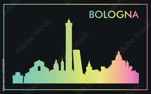 stylized silhouette of Bologna's skyline against a black background with a gradient color effect from teal to pink.
