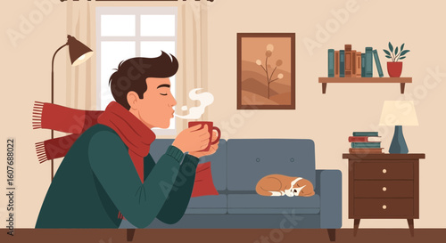 Cozy Winter Scene Man Enjoying Hot Drink at Home with Sleeping Dog