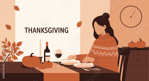 Celebrating Thanksgiving Dinner Alone With Pumpkins And Autumnal Elements