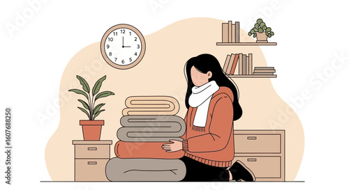 Cozy Woman Arranging Stacked Blankets in Living Room On Beige Background