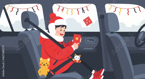 Celebration Trip Youngster Receives a Traditional Gift While Traveling In a Vehicle