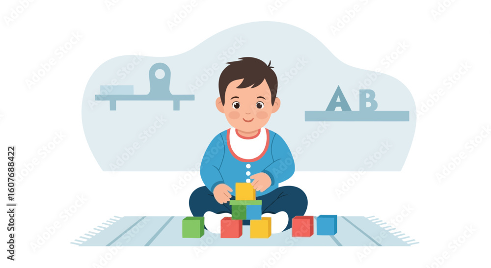 Boy In Room Playing With Colorful Toy Blocks On Carpet At Home Boy In Room Playing With Colorful Toy Blocks On Carpet At Home