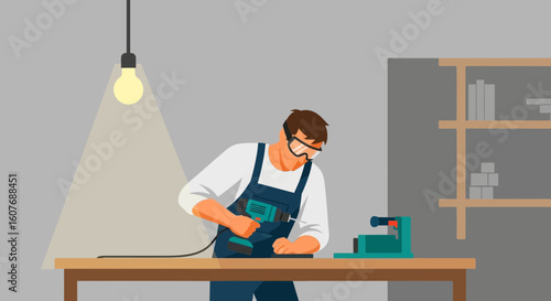 Craftsman At Work Drilling A Piece Of Wood In His Workshop Studio