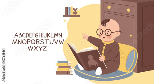 Charming Baby Illustration Discovering Alphabet With Book In Cozy Room Setting