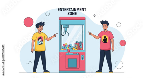 Charming Cartoon Illustration Featuring Boys Playing Claw Game In Arcade Center