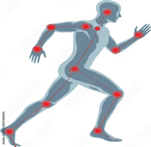 Vector silhouette of human runner with highlighted joint alignment and movement markers showing biomechanics in athletic pose minimal style