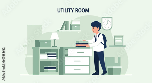 Boy Is Organizing Clothes In Utility Room With Shelves And Storage