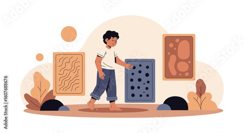 Boy Interacting With Abstract Modern Art In Gallery Display Interior Setting