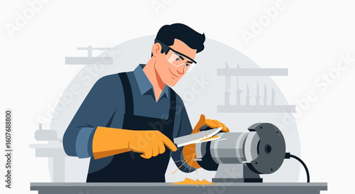 Craftsman Sharpening Blade In Workshop With Grinder And Safety Gears