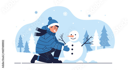 Boy Making Snowman In Winter Wonderland, Happy Holiday Season, Winter Activities