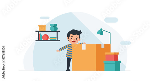 Boy Moves In And Unpacks Boxes At Home With Happy Expression