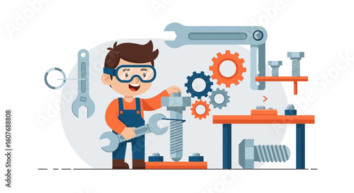 Boy Mechanic In Overalls Working On Gears And Building Machine Parts