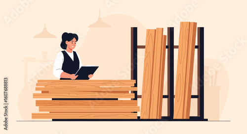 Checking Inventory of Wood Planks in a Workshop for Construction Projects