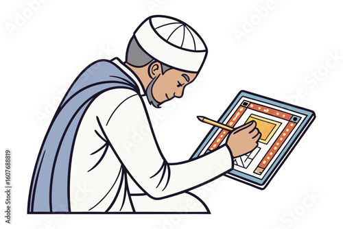 Man in traditional arab clothing holding a falcon on his hand in a desert landscape