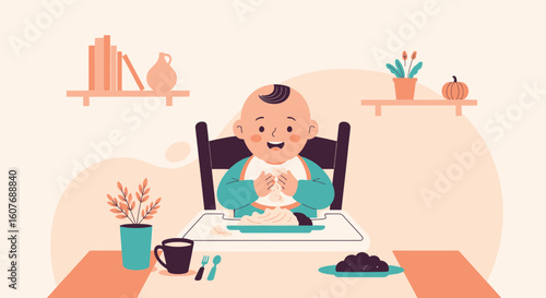 Cheerful Baby Enjoying a Meal in a High Chair Illustration in Flat Design