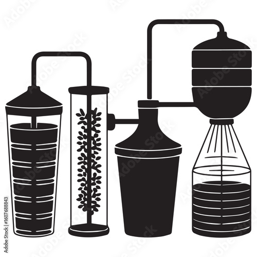 Black silhouette of a laboratory distillation apparatus with multiple columns and flasks for scientific experimentation and chemical separation processes