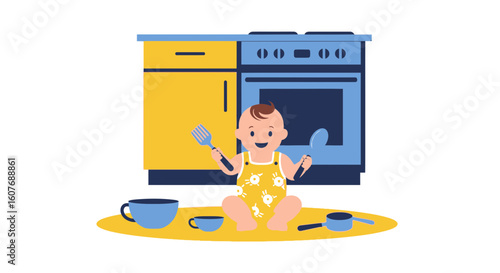 Cheerful Baby Pretending To Cook With Utensils And Kitchenware Illustration