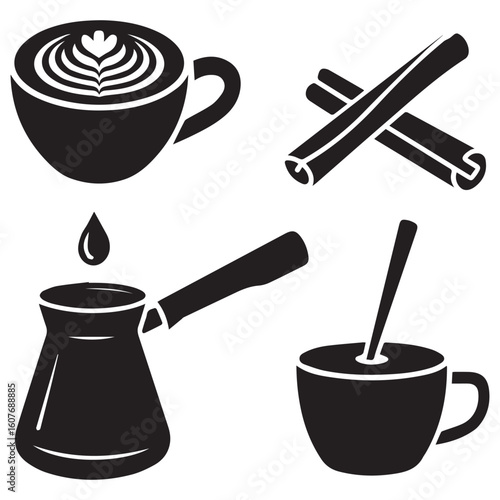Black silhouette icons of coffee preparation and enjoyment including a latte cup cinnamon sticks a turkish coffee pot and a stirring spoon