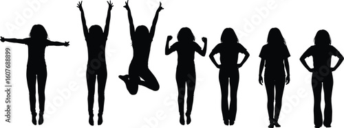 Cad drawing flat vector illustration of male silhouette poses including jumping, standing, stretching, and flexing in black style