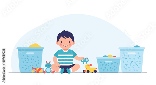 Cheerful Child Plays With Toys Sitting Near Baskets On The Floor