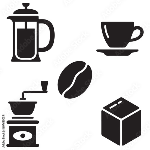 Collection of black silhouette icons representing coffee preparation elements including a french press coffee grinder coffee bean and sugar cube