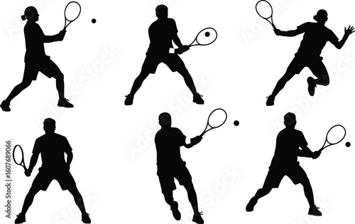 Tennis player silhouette set, action poses vector illustration, forehand backhand serve artwork, sports motion sketch, CAD flat design