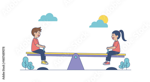 Cheerful Children Enjoying a Playful Seesaw Game in the Park Outdoors