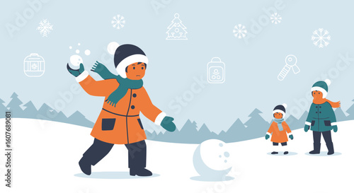 Cheerful Children Enjoying a Snowball Fight in a Winter Landscape Artwork