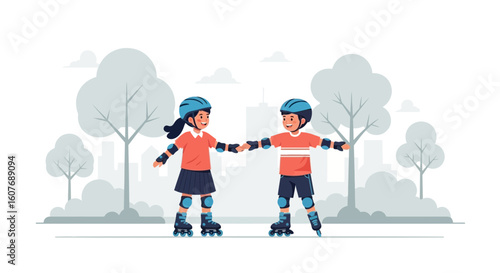 Cheerful Children Enjoying Roller Skating In The Park On Sunny Day