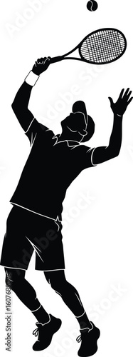 Tennis player silhouette serving ball with racket overhead, dynamic action pose vector for sports athlete icon, fitness concept artwork