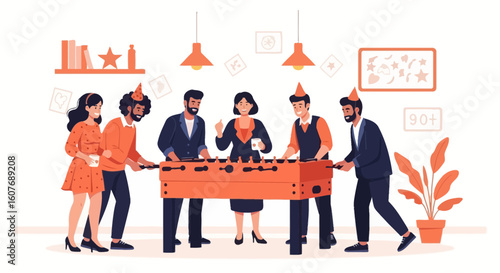 Cheerful Colleagues Celebrating In The Office Playing Foosball Game Together