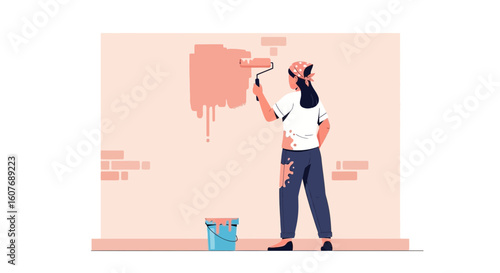 Creative Girl Painting Interior Wall with Roller Applying Fresh Color Paint
