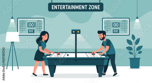 Cheerful Couple Enjoying Recreational Time Playing Air Hockey Game Together