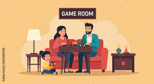 Cheerful Family Playing Together In The Game Room For Relaxing Holiday Time