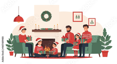 Cheerful Family Exchanging Christmas Presents Together At Home By The Fireplace
