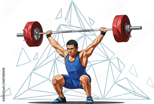 Cad drawing flat vector illustration of weightlifter performing snatch lift, athletic squat pose, black and white sports strength art