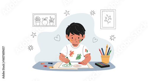 Creative Little Boy Enjoying Drawing with Crayons In A Room At His Table