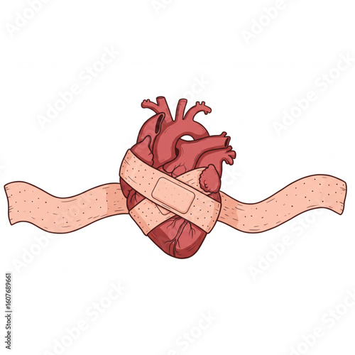 Vulnerable heart bandaged for healing and recovery, symbolizing emotional repair and resilience