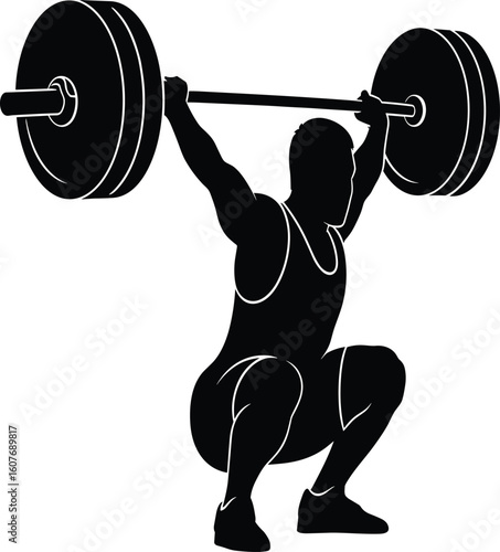 Weightlifter performing overhead squat silhouette, barbell fitness vector illustration for gym exercise icon, strength workout pose, athletic training concept