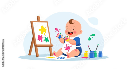 Cheerful Infant Embraces Artistic Expression Splattering Paint Across Canvas Happily