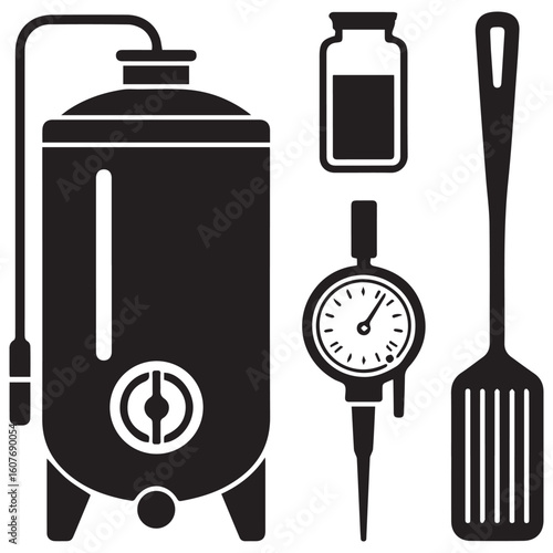 Collection of brewing equipment including a large fermentation tank a jar a thermometer gauge and a slotted spatula in a silhouette style