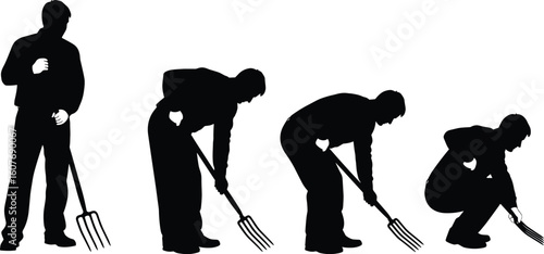 Cad style vector illustration of farm worker silhouette using pitchfork in multiple bending poses, manual labor movement sequence artwork