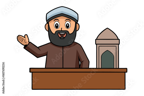 Friendly cartoon muslim man wearing a green thobe and white kufi holding a book
