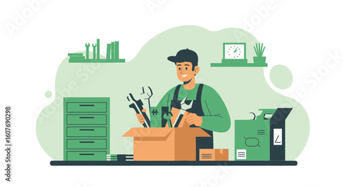 Cheerful Mechanic Organizes Tools In Box For Professional Repair Service