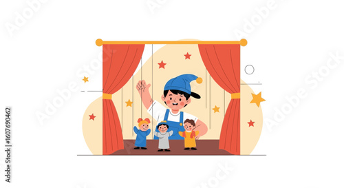 Cheerful Puppeteer Directing an Engaging Performance Behind Stage Curtains
